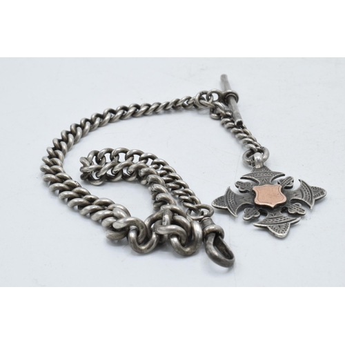 455 - Hallmarked silver Albert pocket watch chain with T-bar and fob, 55.7 grams, 38cm long.