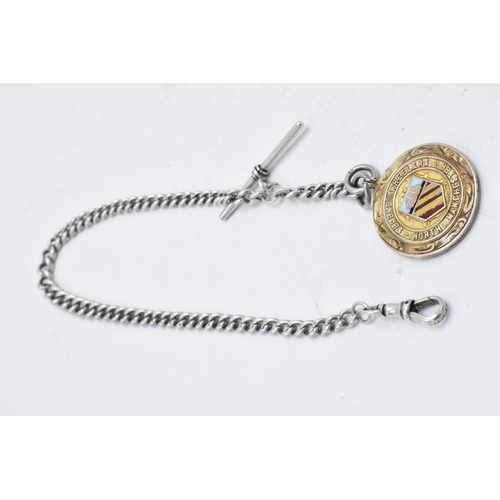 456 - Hallmarked silver Albert pocket watch chain with T-bar and fob, 28.3 grams, 32cm long.