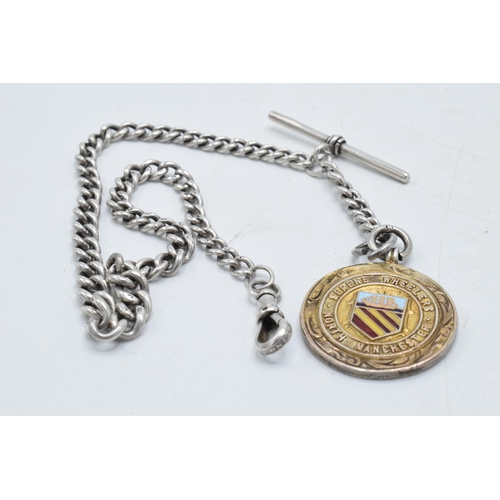 456 - Hallmarked silver Albert pocket watch chain with T-bar and fob, 28.3 grams, 32cm long.