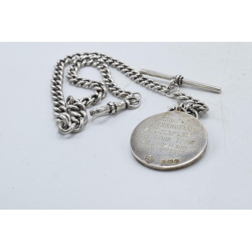 456 - Hallmarked silver Albert pocket watch chain with T-bar and fob, 28.3 grams, 32cm long.