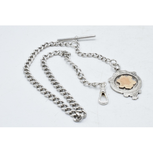 457 - Hallmarked silver Albert pocket watch chain with T-bar and fob, 30.8 grams, 43cm long.