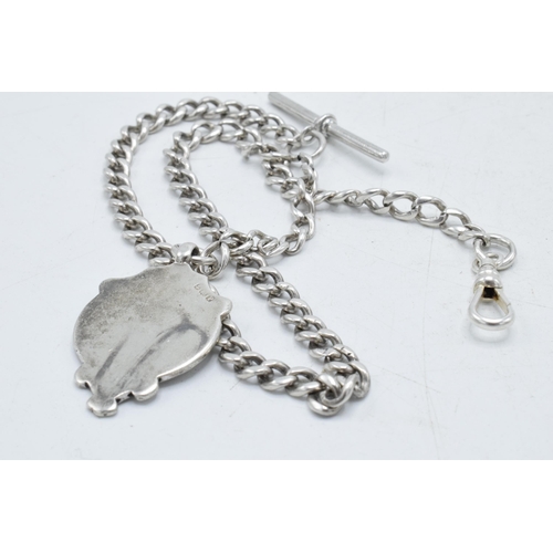 457 - Hallmarked silver Albert pocket watch chain with T-bar and fob, 30.8 grams, 43cm long.