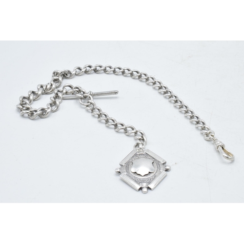 458 - Hallmarked silver Albert pocket watch chain with T-bar and fob, 43.7 grams, 39cm long.