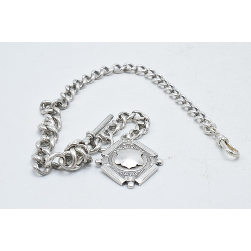 458 - Hallmarked silver Albert pocket watch chain with T-bar and fob, 43.7 grams, 39cm long.