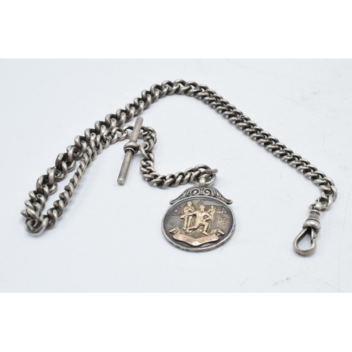 461 - Hallmarked silver Albert pocket watch chain with T-bar and fob, 53.5 grams, 42cm long.