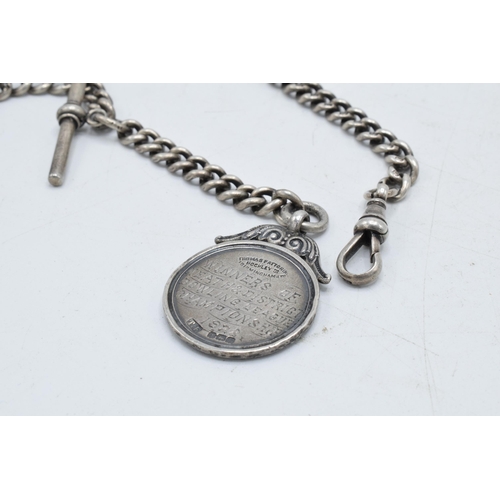 461 - Hallmarked silver Albert pocket watch chain with T-bar and fob, 53.5 grams, 42cm long.