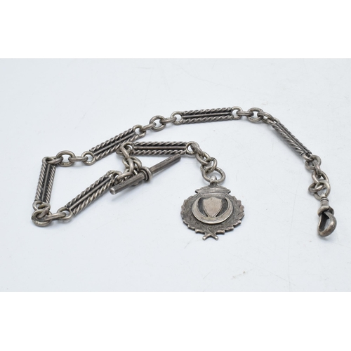 462 - Hallmarked silver Albert pocket watch chain with T-bar and fob, 46.9 grams, 41cm long.