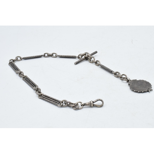 462 - Hallmarked silver Albert pocket watch chain with T-bar and fob, 46.9 grams, 41cm long.