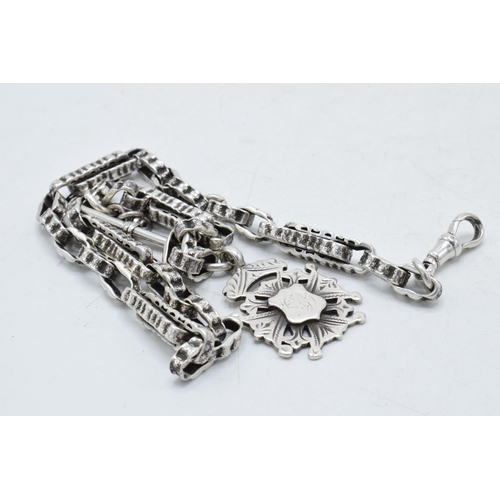 463 - Silver Albert pocket watch chain with T-bar and fob, 32.1 grams, 42cm long.