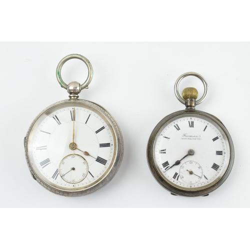 471 - A pair of sterling silver pocket watches to include a 5cm diameter example, London 1887, and a Freem... 