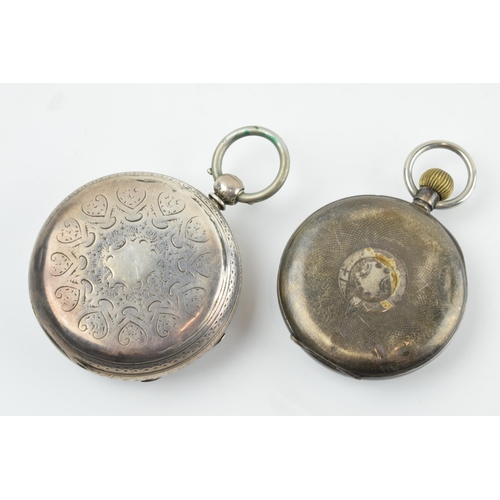 471 - A pair of sterling silver pocket watches to include a 5cm diameter example, London 1887, and a Freem... 