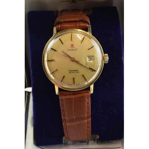 481 - 18ct gold Tissot Seastar, automatic movement, on leather strap, 36mm, working order, serviced in 202... 