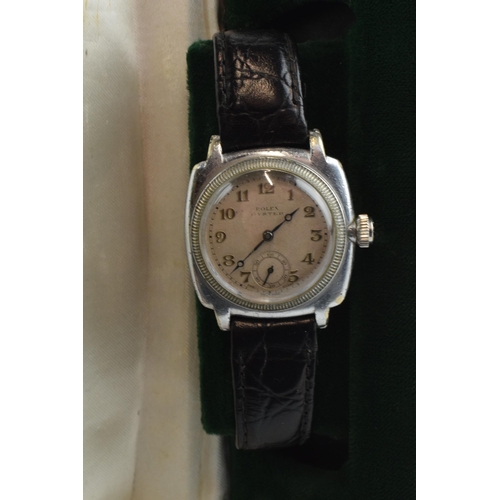 483 - 1930s Rolex Oyster square wristwatch on leather strap, screw down crown, ticks and runs, 33mm.
