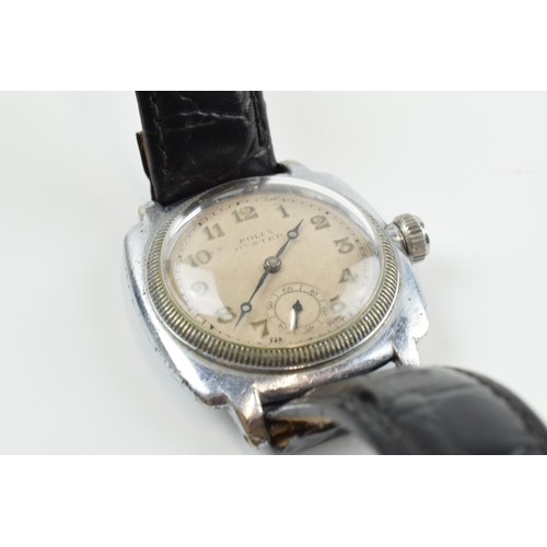 483 - 1930s Rolex Oyster square wristwatch on leather strap, screw down crown, ticks and runs, 33mm.