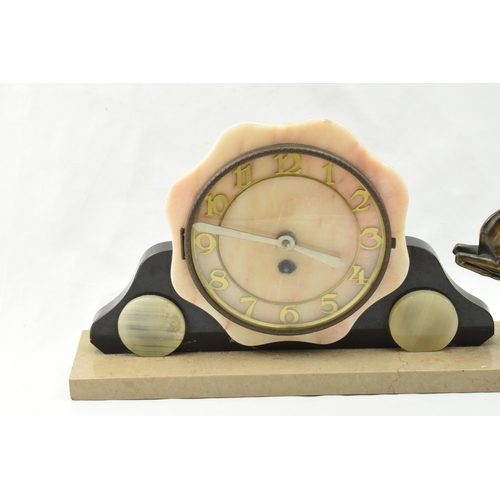 495 - French Art Deco mantle clock with rearing gazelle garniture, 45cm long.