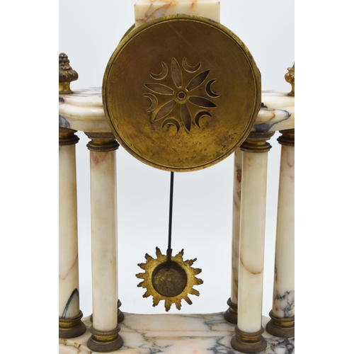 496 - Early 20th centruy French marble and gilt-metal striking portico mantel clock and garnitures, with k... 