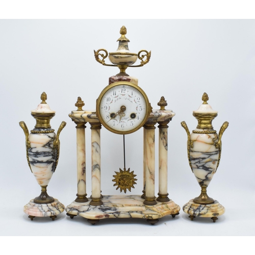 496 - Early 20th centruy French marble and gilt-metal striking portico mantel clock and garnitures, with k... 