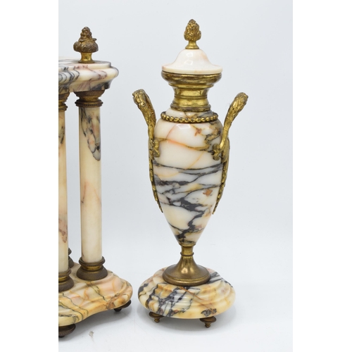 496 - Early 20th centruy French marble and gilt-metal striking portico mantel clock and garnitures, with k... 