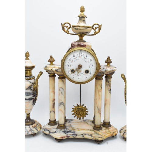 496 - Early 20th centruy French marble and gilt-metal striking portico mantel clock and garnitures, with k... 