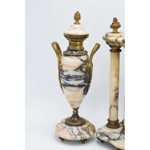 496 - Early 20th centruy French marble and gilt-metal striking portico mantel clock and garnitures, with k... 