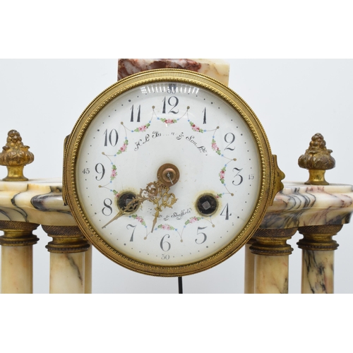 496 - Early 20th centruy French marble and gilt-metal striking portico mantel clock and garnitures, with k... 