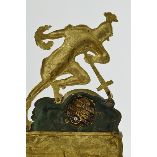 497 - 19th century continental gilt metal mantle clock of a soldier falling onto his own sword, on ebonise... 