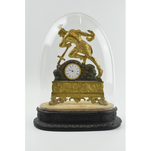 497 - 19th century continental gilt metal mantle clock of a soldier falling onto his own sword, on ebonise... 