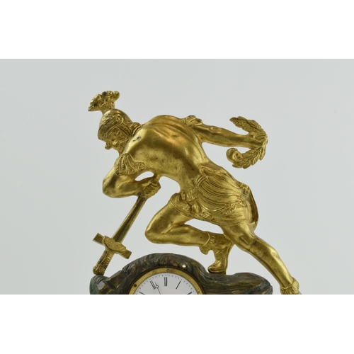 497 - 19th century continental gilt metal mantle clock of a soldier falling onto his own sword, on ebonise... 