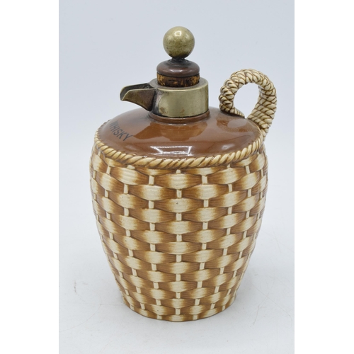 63 - Taylor Tunnicliffe and Co realistically modelled wicker basket whisky flagon with metal mounts and f... 