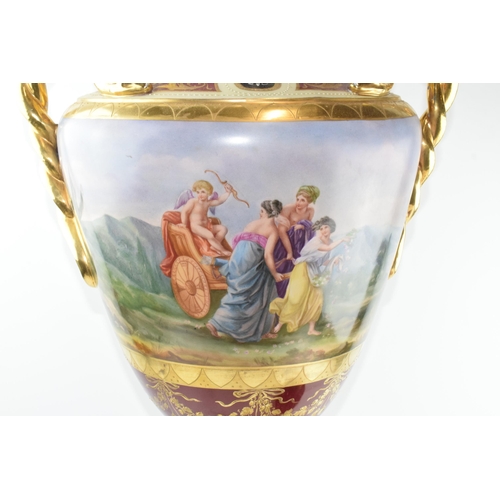 67 - Late 19th century extra large two-handled urn, bearing beehive mark used by Royal Vienna, hand paint... 