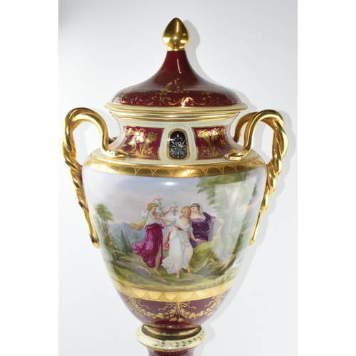 67 - Late 19th century extra large two-handled urn, bearing beehive mark used by Royal Vienna, hand paint... 