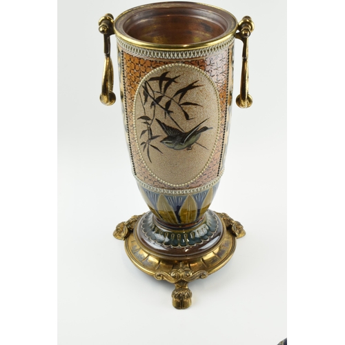 129 - Doulton Lambeth Florence Barlow stoneware oil lamp base with brass tri-leg stand in the form of hoof... 