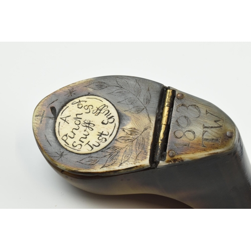 175 - Early 19th century cow hoof snuff box, dated '1803 TW' and inscribed with floral decoration and 'A P... 