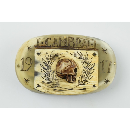 176 - World War One carved horn snuff box with carved skull, 'Cambrai 1917' and 'Inkerman Balaklava Amiens... 