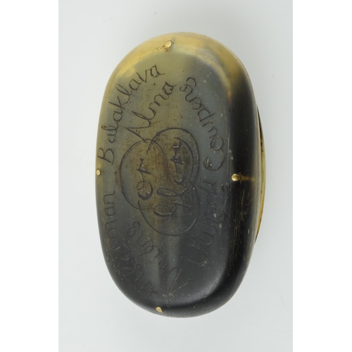 176 - World War One carved horn snuff box with carved skull, 'Cambrai 1917' and 'Inkerman Balaklava Amiens... 