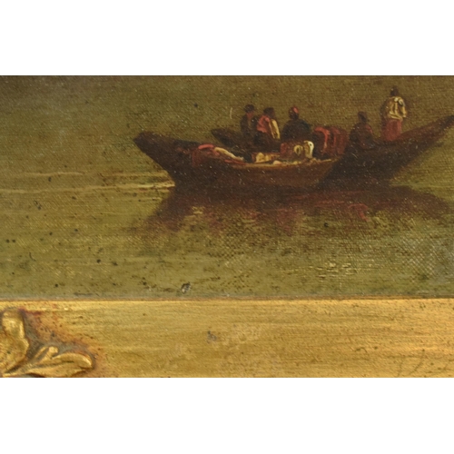 243 - Late 18th / 19th century continental oil on canvas attached to panel of a harbour scene, in period g... 