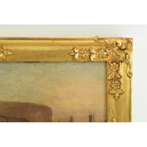 243 - Late 18th / 19th century continental oil on canvas attached to panel of a harbour scene, in period g... 