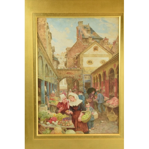 244 - Charles Gregory (1849-1920): watercolour of 'The Market', in Dutch style, 50x35cm exc. mount / borde... 