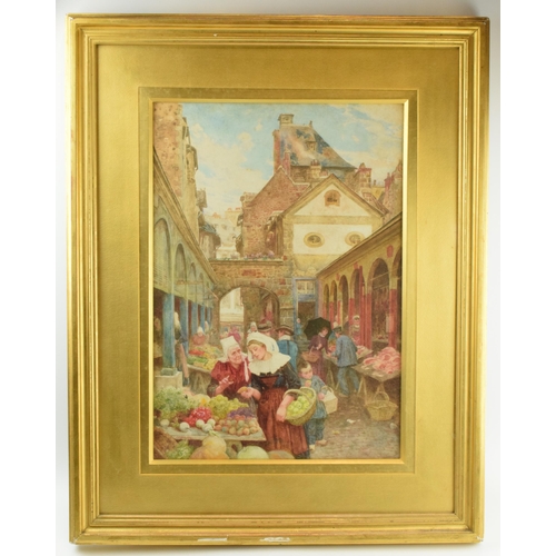 244 - Charles Gregory (1849-1920): watercolour of 'The Market', in Dutch style, 50x35cm exc. mount / borde... 