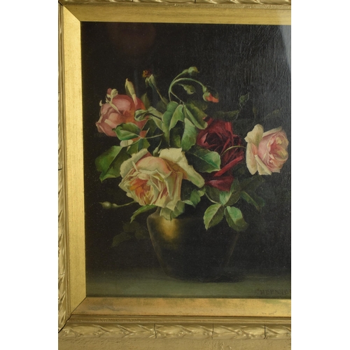 246 - Charles Howson Bennett: a pair of still life scenes on oil on canvas of roses in vases, signed botto... 