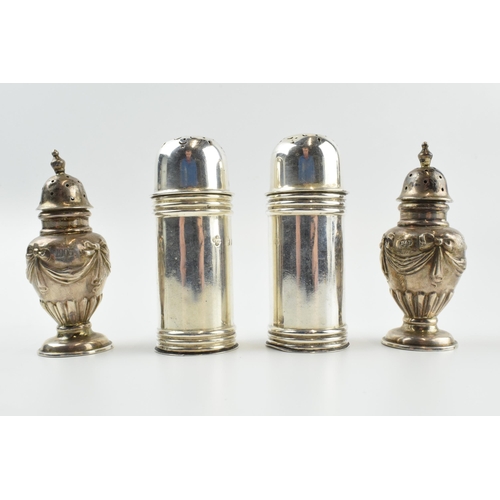 302 - Two pairs of silver cruet sets, one set with ornate decoration, the others of plainer form, 95.6 gra... 