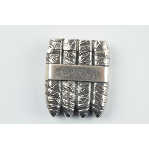 303 - Sterling silver novelty vesta case modelled as Havana cigars, 38.0 grams, 42mm tall.