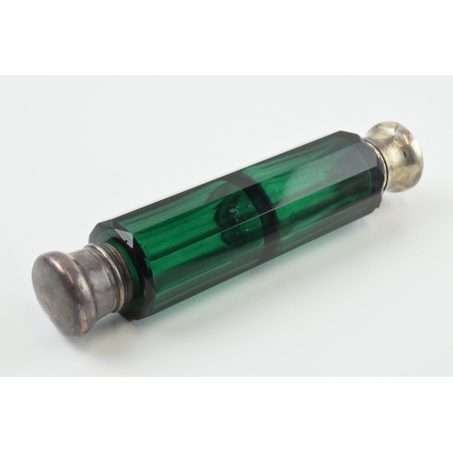 305 - Late 19th century green glass double ended scent bottle with silver mounts, unmarked but test as sil... 