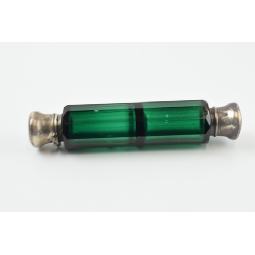 305 - Late 19th century green glass double ended scent bottle with silver mounts, unmarked but test as sil... 