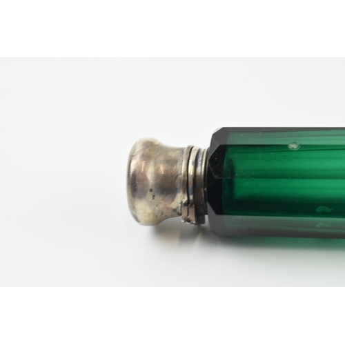 305 - Late 19th century green glass double ended scent bottle with silver mounts, unmarked but test as sil... 