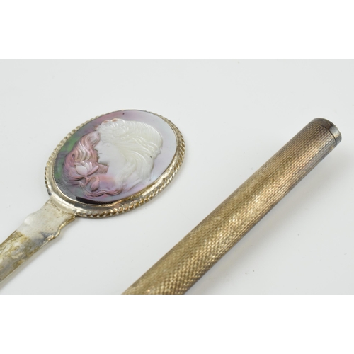 314 - Sterling silver letter opener with carved abalone inset together with a similar silver handled item ... 