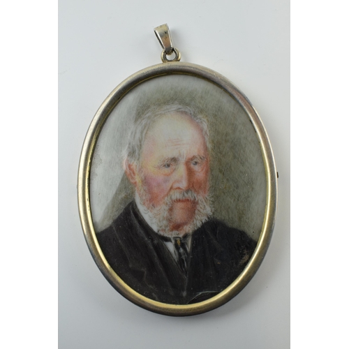 393 - Late Victorian miniature portrait of a bearded wise gentleman set in silver gilt frame, 7.5cm tall.