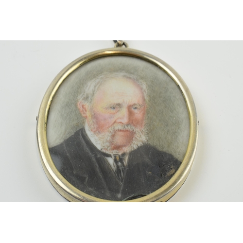 393 - Late Victorian miniature portrait of a bearded wise gentleman set in silver gilt frame, 7.5cm tall.