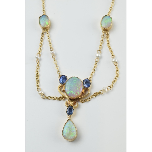 403 - Antique yellow metal (tests as 15ct gold) opal and cornflower sapphire lavalier necklace, also with ... 