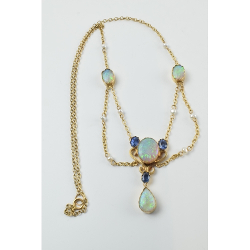 403 - Antique yellow metal (tests as 15ct gold) opal and cornflower sapphire lavalier necklace, also with ... 